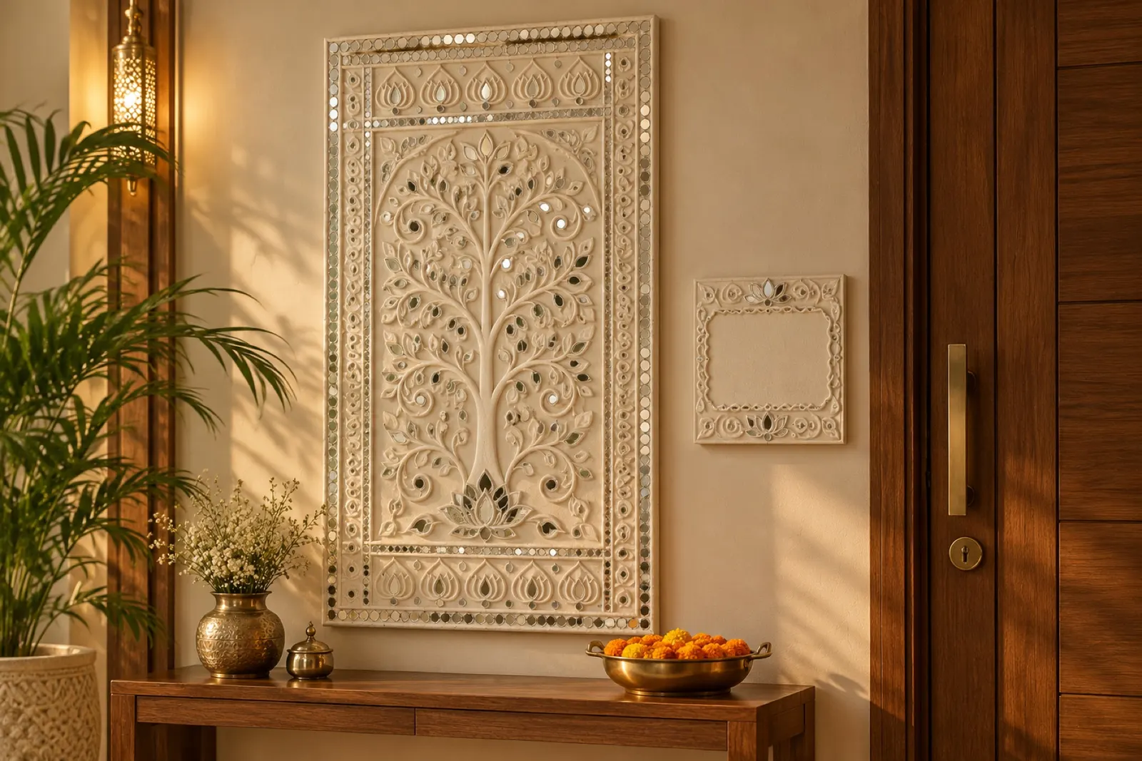 Concept visualisation of a tall Lippan panel and name plate beside a wooden front door