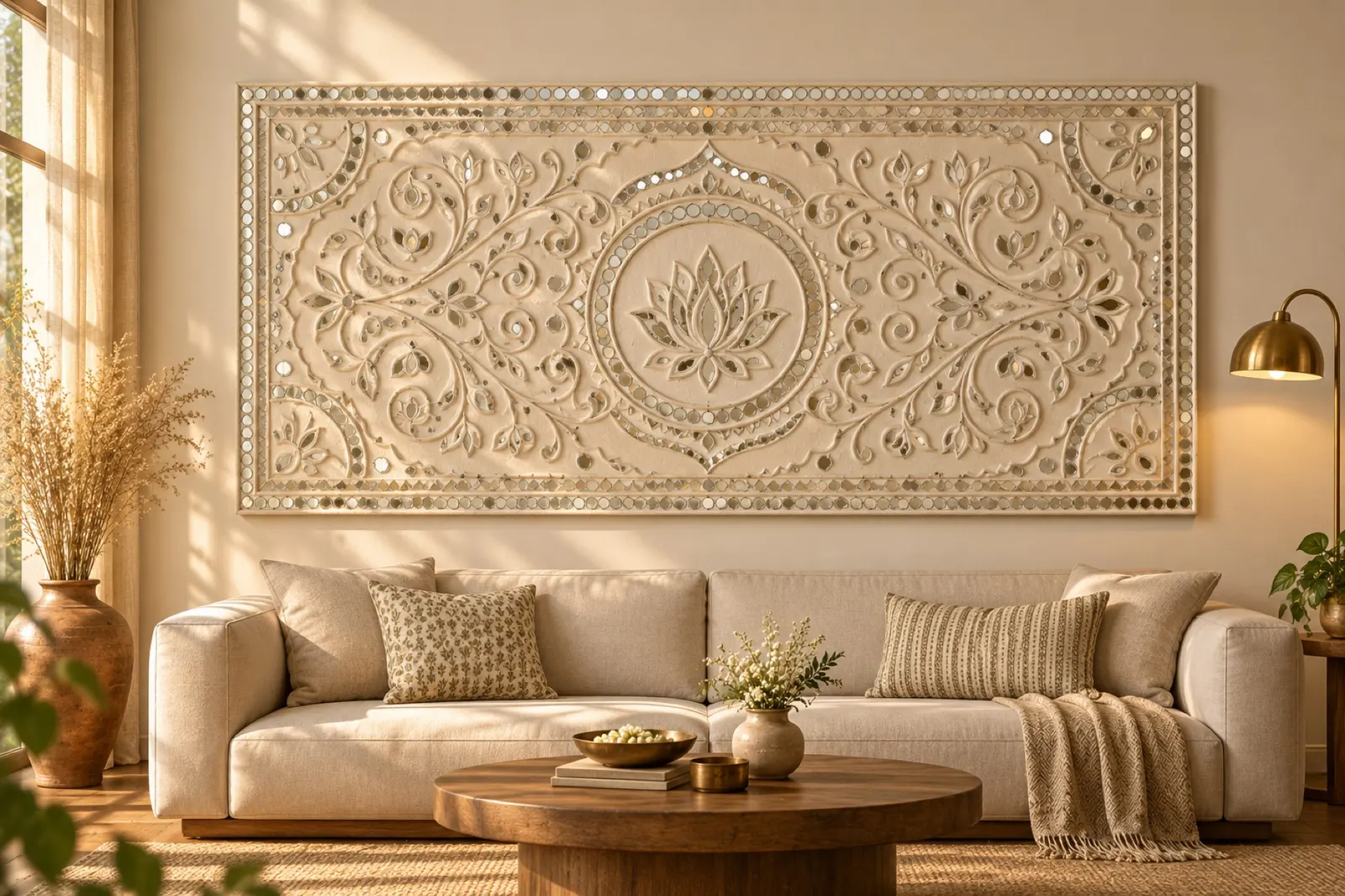 Concept visualisation of a large ivory Lippan feature panel above a linen sofa