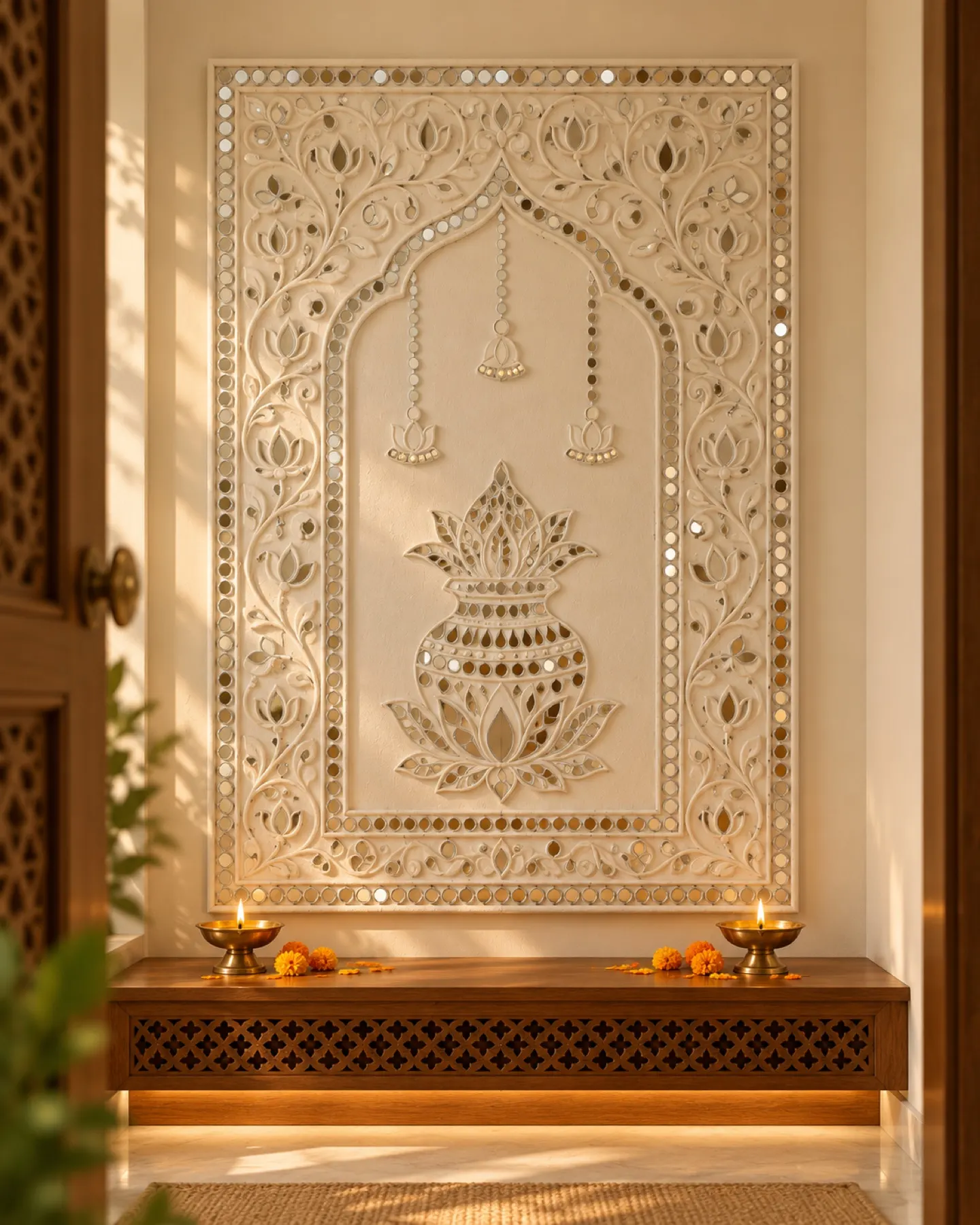 Concept visualisation of a Lippan panel behind a teak mandir shelf with lit diyas